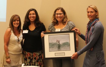 Mindy Furrer, second from right, and Meghan Dinneen, second from left, accepting the award from federation's coastal scientist Dr. Lexia Weaver (far left) and federation's vice president Lauren Hermley.