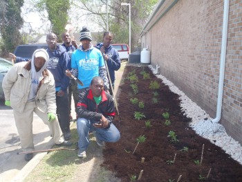 Some of the YouthBuild students and staff beside their recently installed rain garden.