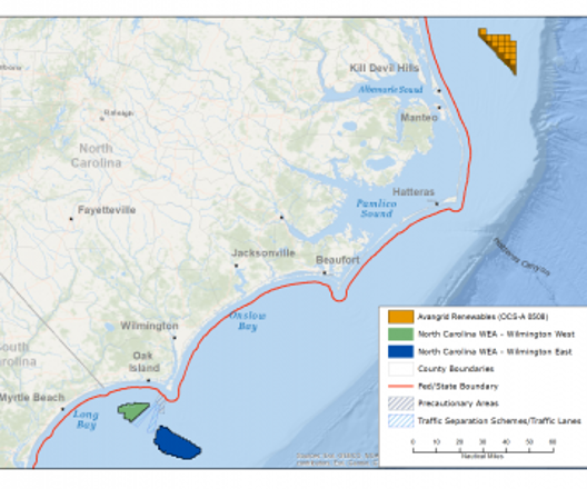 The Bureau of Ocean and Energy Management (BOEM) is responsible for offshore renewable energy development in Federal waters. The map above illustrates the location of the Kitty Hawk Offshore Wind Project currently under lease, and the Wilmington Wind Energy Areas being considered for additional lease sales. Photo Credit: https://www.boem.gov/renewable-energy/state-activities/north-carolina-activities]