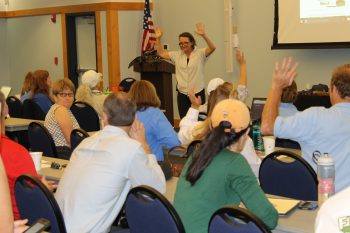 Tracy Skrabal, coastal scientist for the federation, leads a session about Living Shorelines Academy, an online resource to learn about options for controlling shoreline erosion at home.