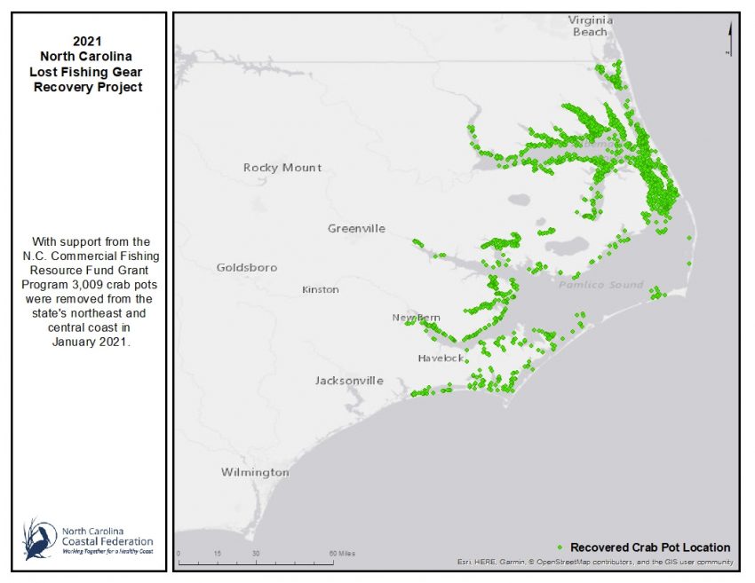 Map of th 2021 North Carolina Lost Fishing Gear Recovery Project