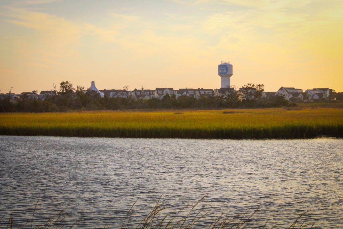 An image taken from the sound that runs alongside the North Carolina Coastal Federation's Hoop Pole Creek nature trail. The image shows the sun setting over houses and the Atlantic Beach Water Tower. You can see the sound and the adjacent marsh in front of the houses.