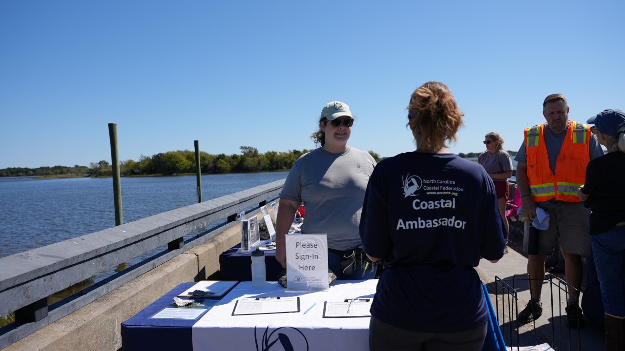 An image of Federation staff and Southeast Coastal Ambassadors standing on the Morris Landing Pier overlooking the water.