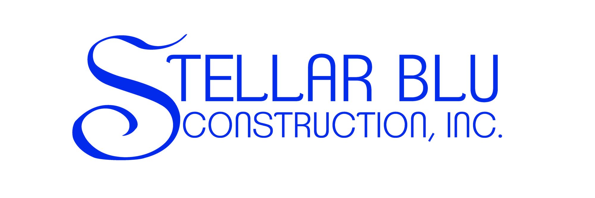 The logo for Stellar Blu Construction. The name of the incorporation is in blue cursive letters on a white background.